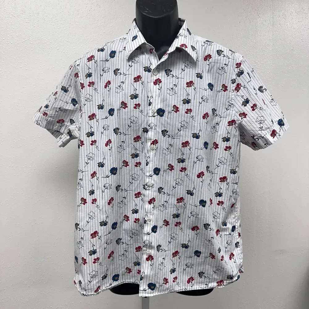 Perry Ellis 100% Cotton‎ White with Floral Pattern Shirt Sleeve Shirt Size Large